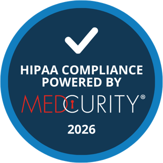 Medcurity badge: HIPAA compliance powered by Medcurity, 2026.